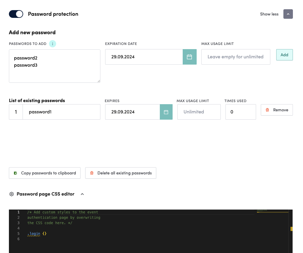 Password protection settings